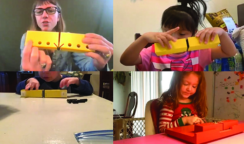 A teacher and three preschoolers are online. The teacher is pointing to dot 3 on her swing cell and the children are each finding dot 3 on their swing cells.