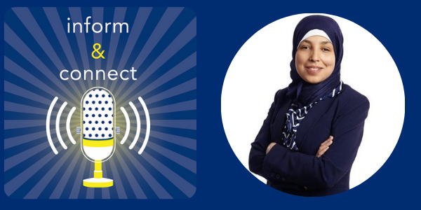 Logo: Inform & Connect. Sara Minkara smiling with her arms confidently crossed in front of her.