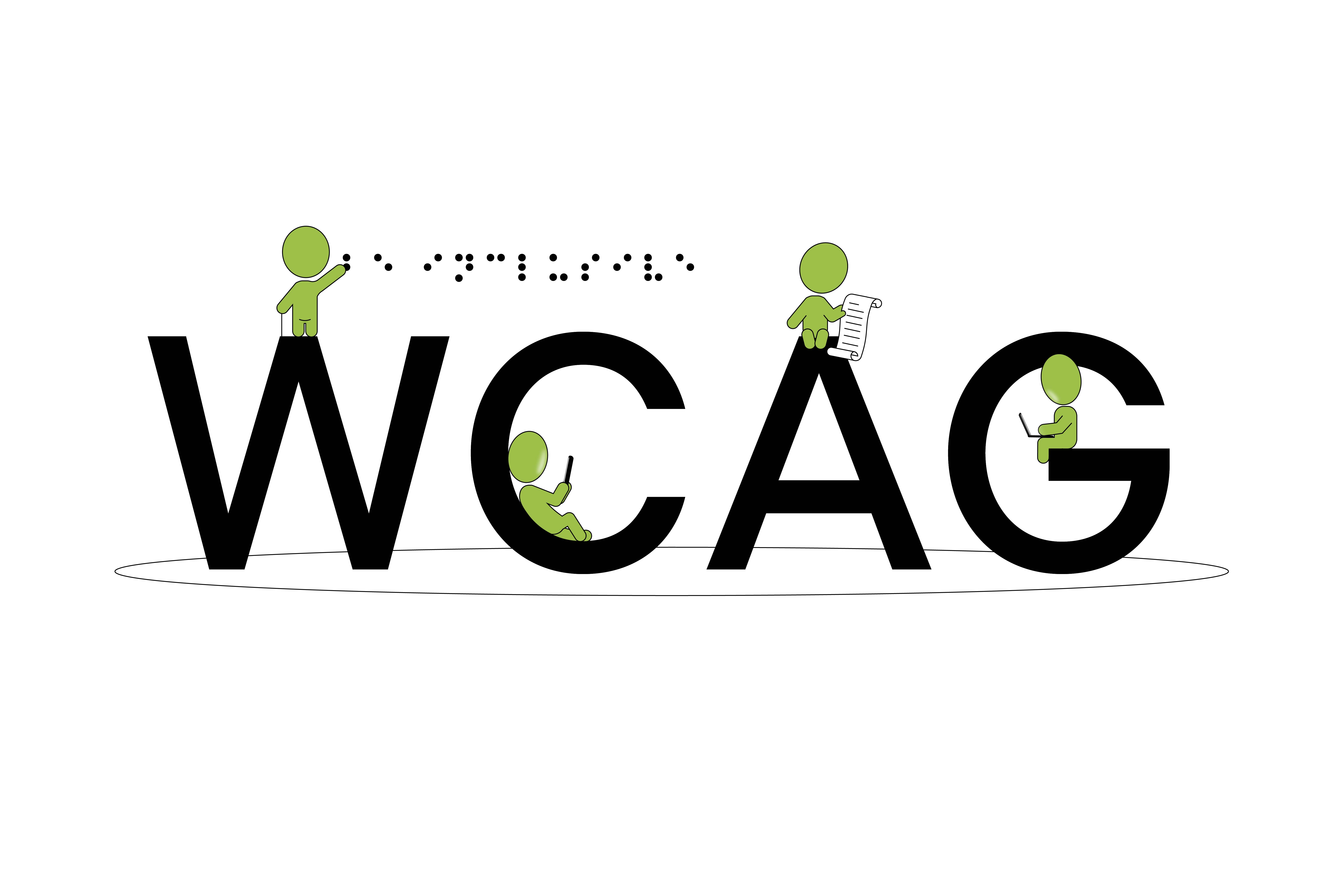 Digital illustration of multiple accessibility characters using varying computer and mobile devices while perched on giant letters that spell WCAG