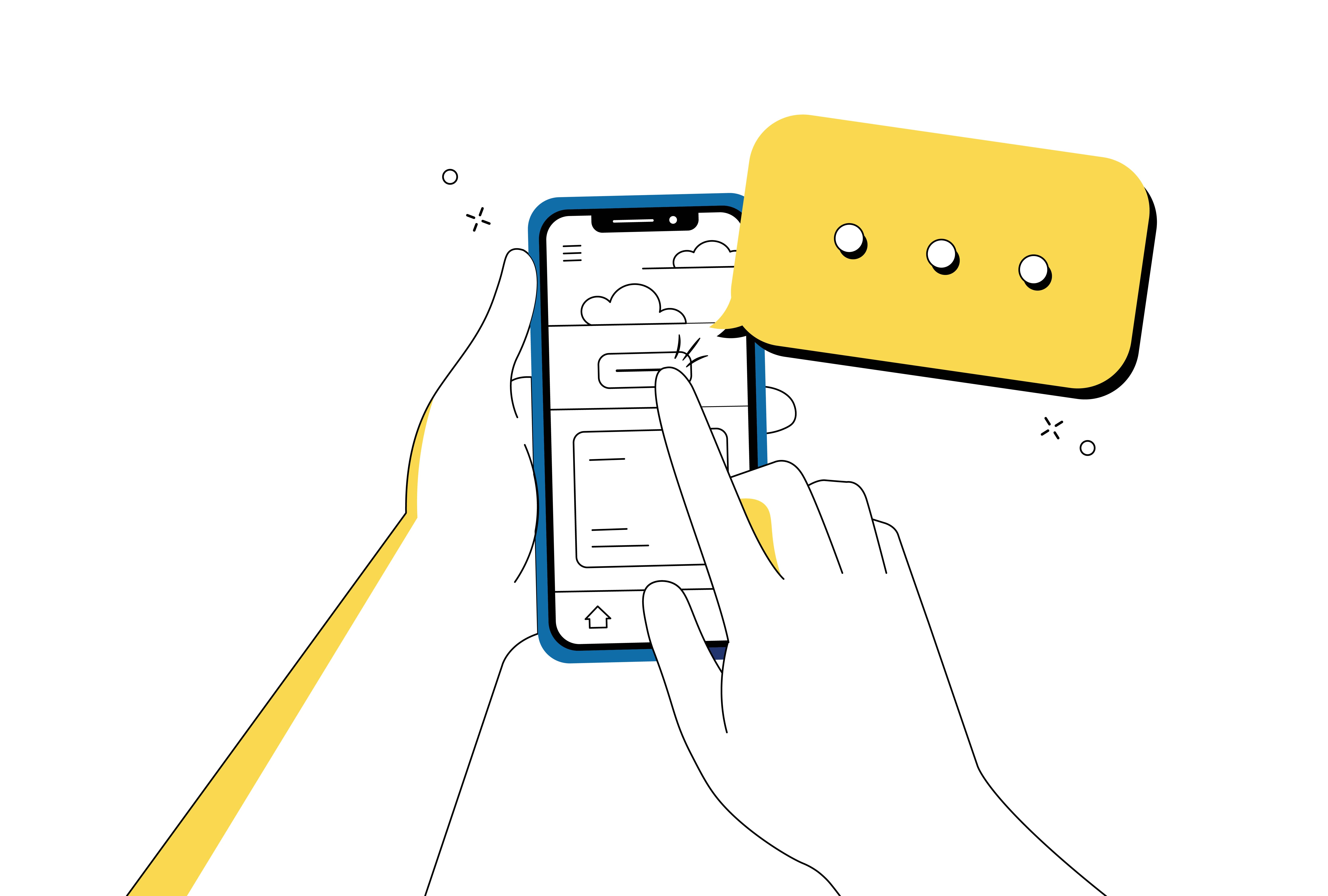 Digital illustration of hands holding a phone and a speech bubble popping out of the screen