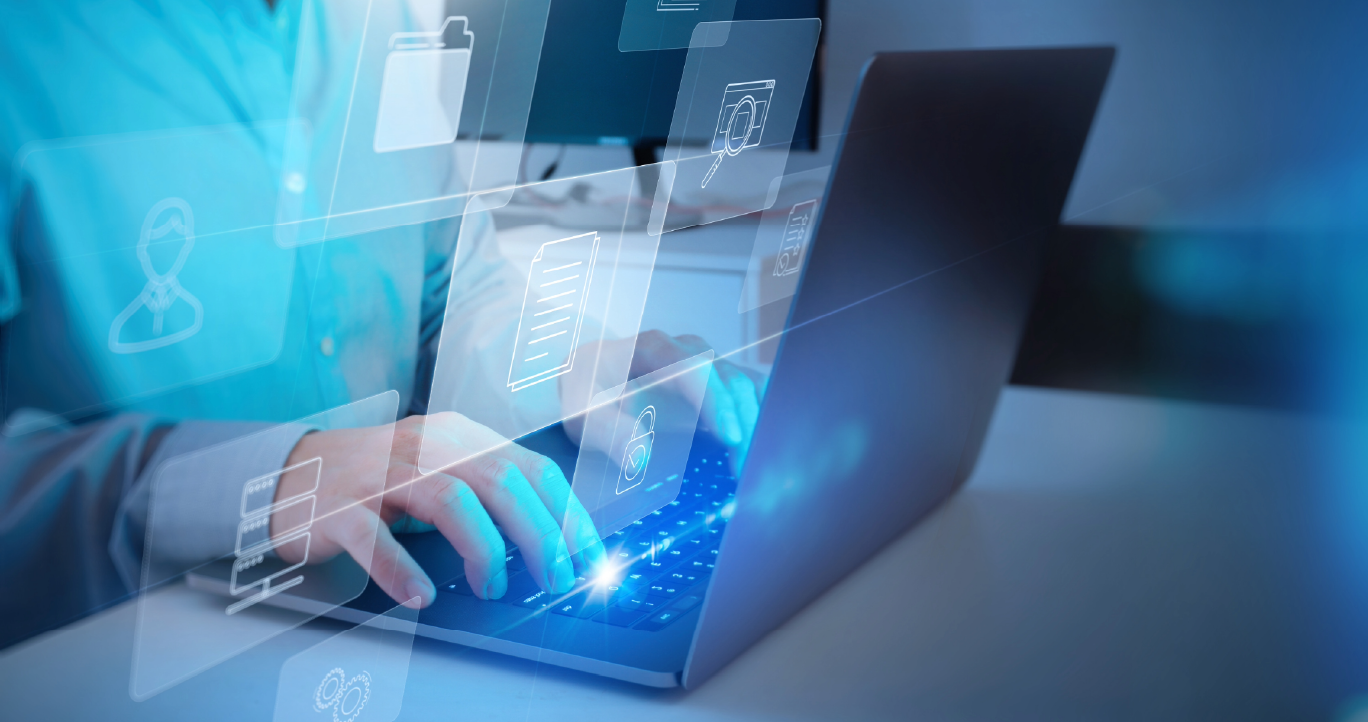 A person types on their computer with various research and web icons floating off the screen.