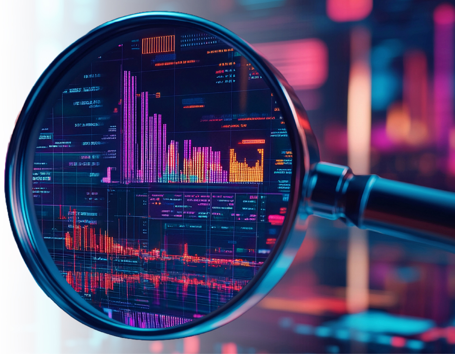 A magnifying glass focuses on colorful digital graphs.