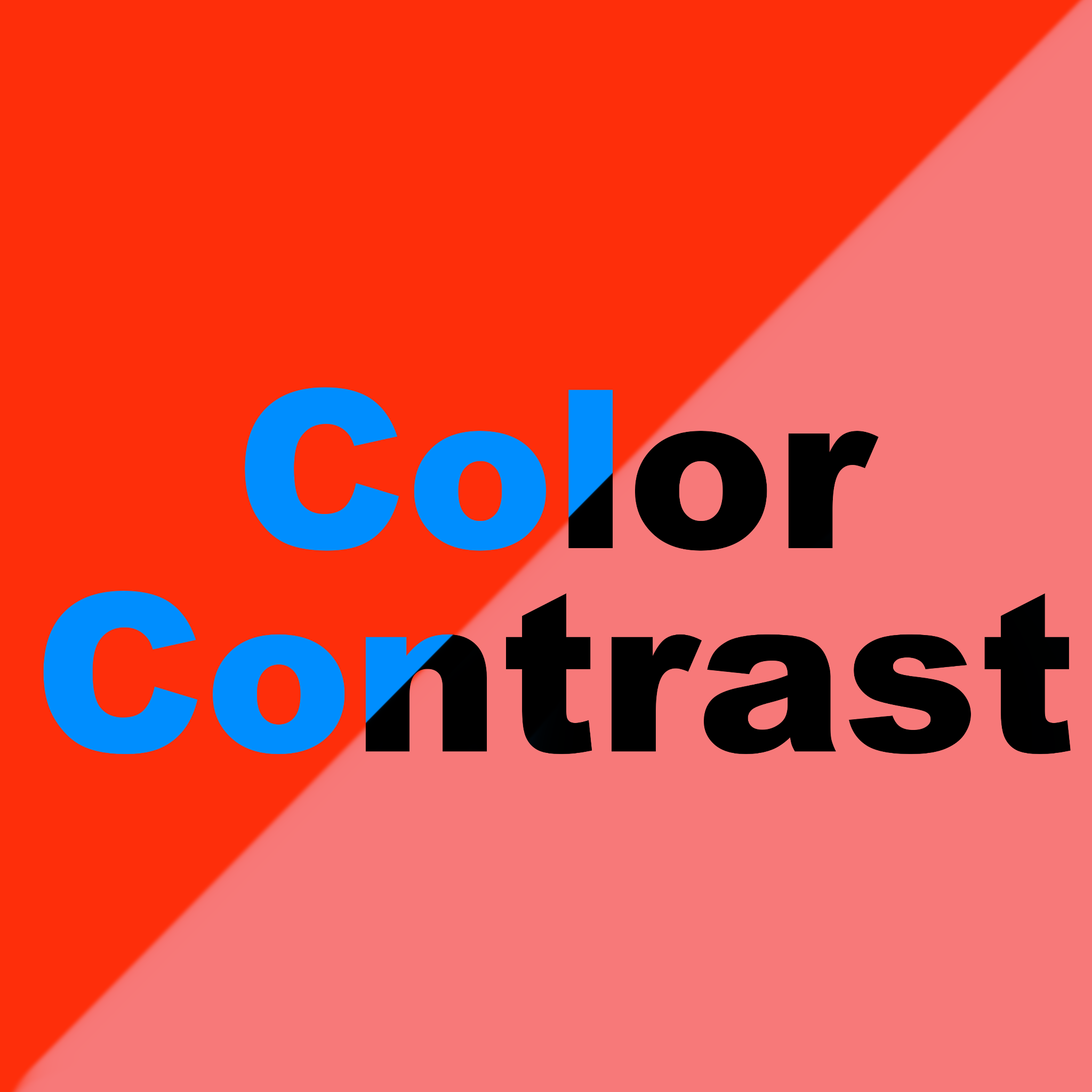 Illustration with the text "color contrast", but the image is cut diagonally, half with poor orange-on-blue contrast, half with good black-on-coral contrast.