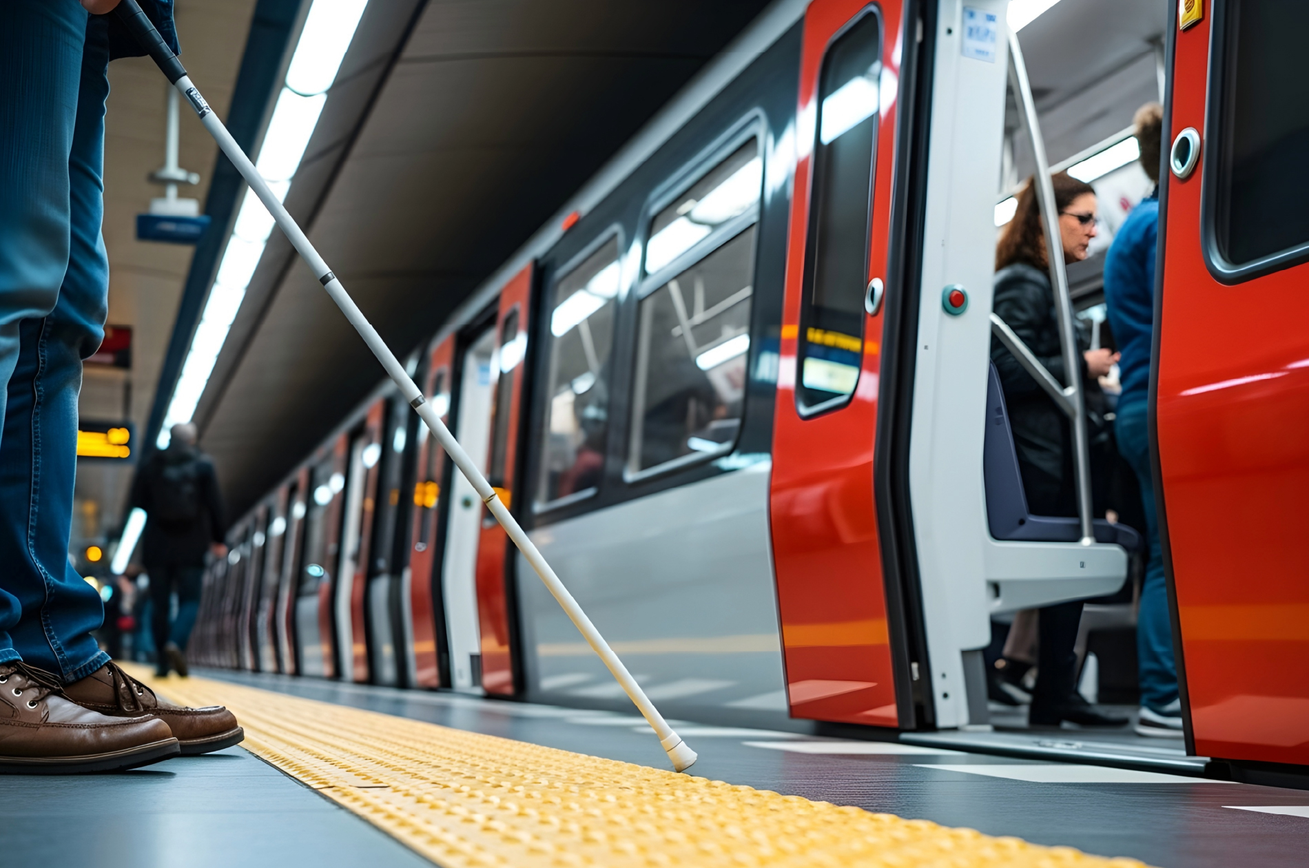 Person with a white cane getting on to a metro train.