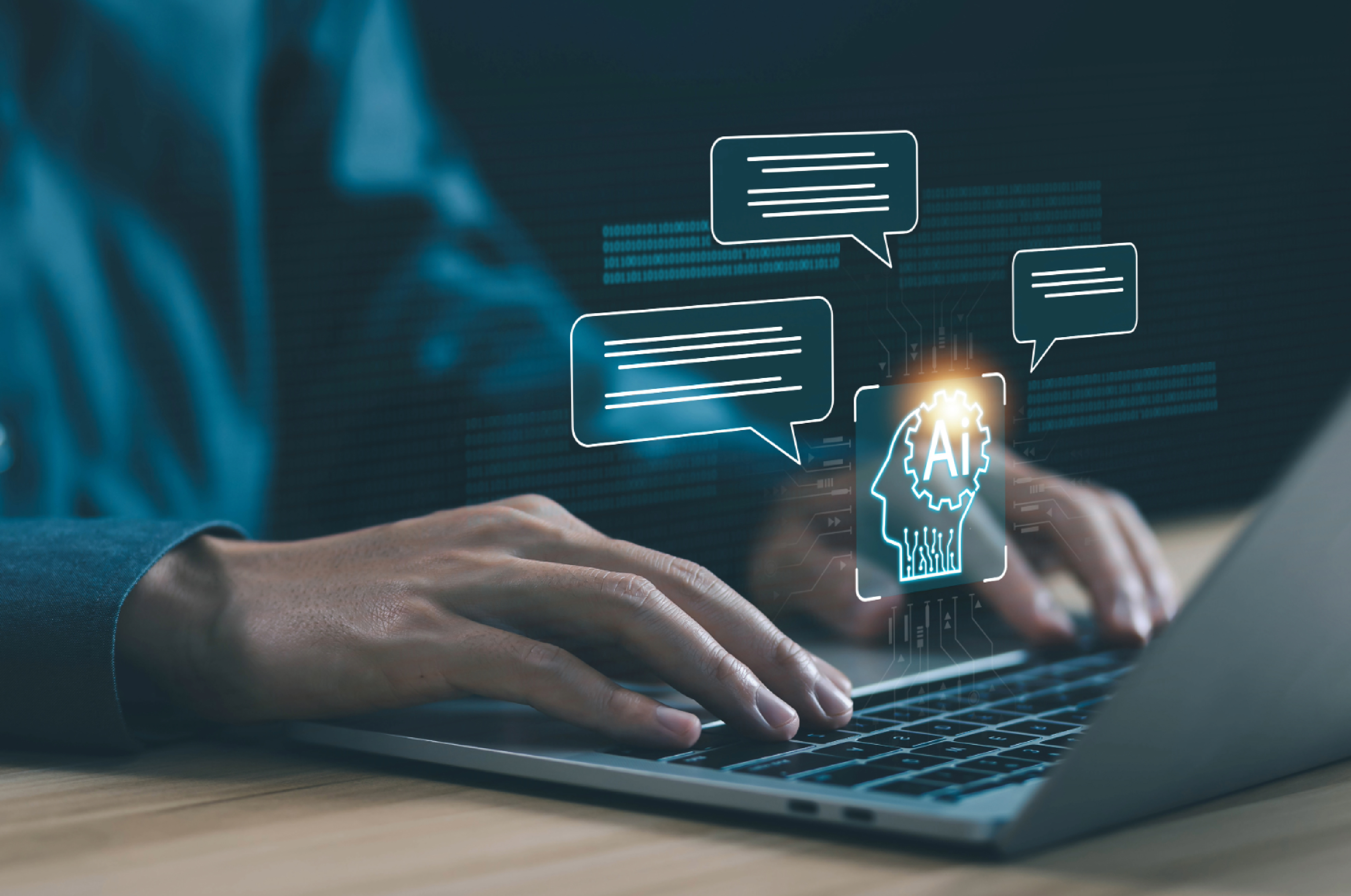 A person uses their keyboard. An AI icon and speech bubbles float above it.